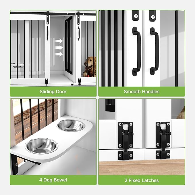 Real Relax 71” Large Dog Crate Furniture for 1 or 2 Dogs with Sliding Door, Heavy Duty Dog Kennel Furniture for Small/Medium Dogs with 4 Bowls, Dog Cage with Steel Frame, White