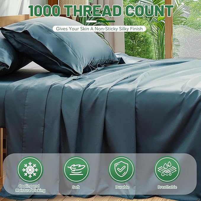 100% Egyptian Cotton Sheets Cal King Sheet Set 1000 Thread Count Sateen Weave Soft Breathable 16-Inch Deep Pocket 4PCS（California King,Lake Blue）