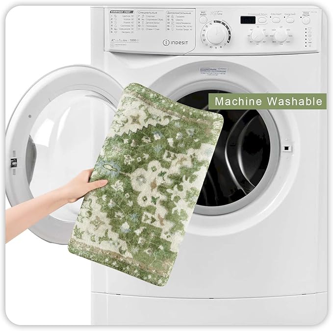 Uphome Boho Vintage Bathroom Rug Sage Green Non-Slip Soft Bathroom Mat Oriental Tribal Machine Washable Bath Rugs Traditional Floral Aesthetic Floor Mats for Shower Sink Tub, 20x31 inch