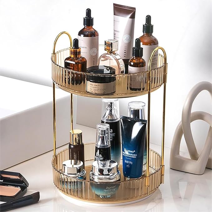 Rotating Makeup Organizer Countertop 2 Tier Lazy Susan Trays Clear Skincare Perfume Storage for Bathroom Counter Vanity, Amber Gold