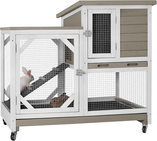 Aivituvin Upgrade Rabbit Hutch Rabbit Cage Indoor Bunny Hutch with Run Outdoor Rabbit House with Two Deeper No Leak Trays - 4 Casters Include (Mocca Color Without Bottom Wire Netting)
