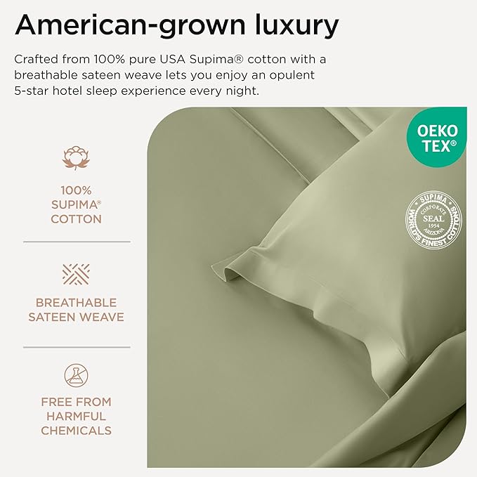 Threadmill Supima Cotton Sheets Queen | 656 Thread Count for Queen Mattress | 4 Piece Luxury Bed Sheets | Sateen Weave Hotel Quality with Elasticized Deep Pocket| Sage Green