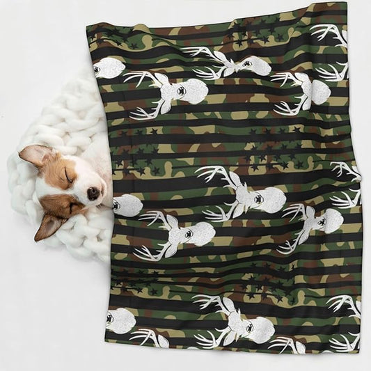 Pet Blanket for Indoor Outdoor Use, Cool Deer Camo Camouflage American Flag Hunting Black, Two Sided Reversible Plush Mat with Bumpy Dot Texture for Patios Crates Portable Bed Companion