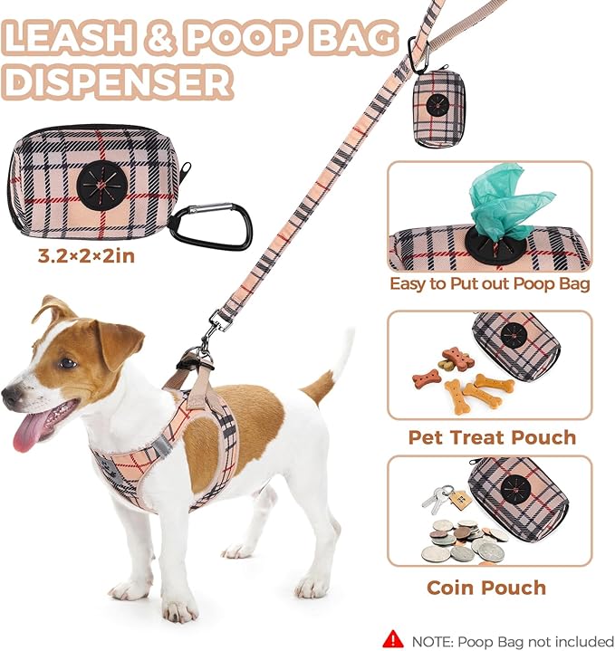 PAWCHIE Dog Harness and Leash Set, Step in No Pull Soft Pet Harness, Reflective Adjustable Puppy Vest for Small Medium Dogs Cats, No Choke Harness Vest with Poop Bag Holder for Walking,Running,Beige M