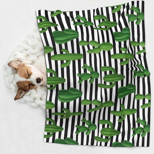Pet Blanket for Travel and Home, Cactus and Stripes, Reversible Plush Dot Design with Soft Grip Texture on One Side Perfect for Car Seats Moving Vehicles