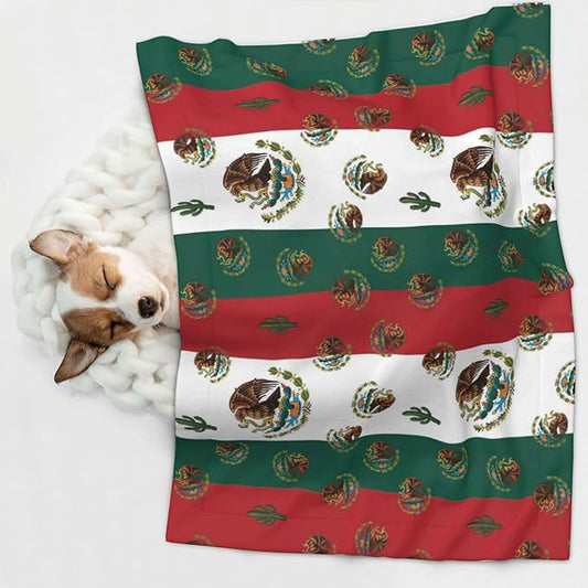 Two Sided Plush Pet Blanket for Crates Carriers Home Use, Mexican Flag, Reversible Throw with Cozy Dot Fabric and Silky Reverse for Small Large Pets