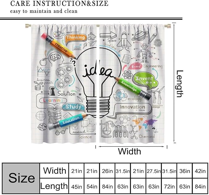 Science Symbols Kids Curtain Sketches Cartoon Chemistry Physics Geometry Education Pattern Print Window Drapes for Bedroom Living Room Kitchen Decor,2 Panel Set,42x54 Inch Blackout