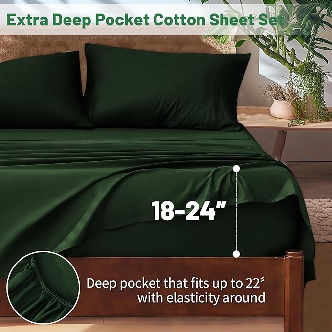 Extra Deep Pocket Queen Sheets 18-24 Inch 1000 Thread Count 100% Egyptian Cotton Sateen Weave Soft Breathable 4 Pieces（Queen,Forest Green）