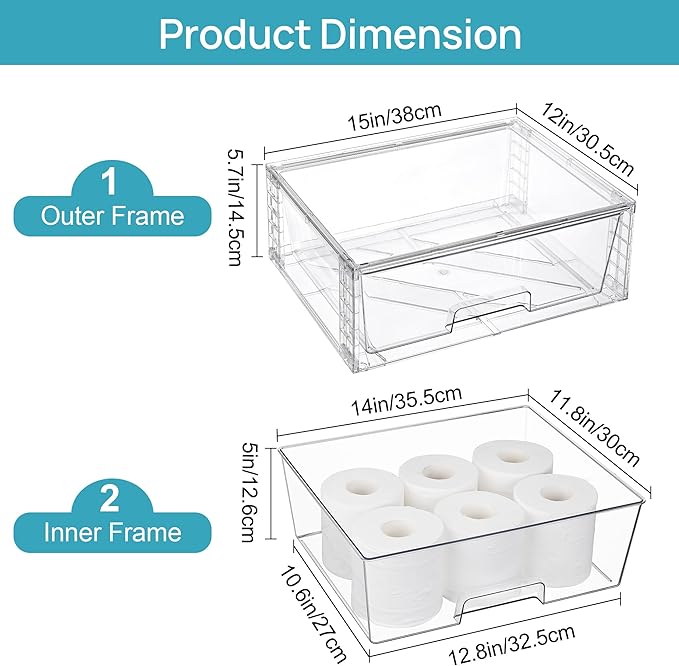 Vtopmart 4 Pack Large Stackable Storage Drawers,Easily Assemble Acrylic Bathroom Closet Undersink Organizers and Storage,Plastic Storage Bins for Kitchen Cabinets,Pantry,Makeup,Medicine Organization