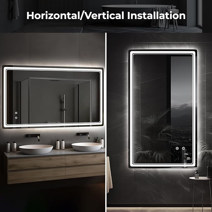 WallBeyond LED Bathroom Mirror with Lights, 28'' x 55'' Inch Led Bathroom Vanity Mirror for Wall with Front and Backlit, Anti Fog Mirror for Bathroom, 3 Colors and Dimmable Light, Horizontal/Vertical
