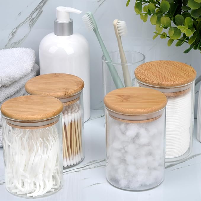 4 Pack Glass Qtip Holder Dispenser Set - Apothecary Jars with Lids for Vanity Makeup Organizer - Bathroom Canister Storage Organizer for Cotton Ball, Swab, Round Pads,Floss