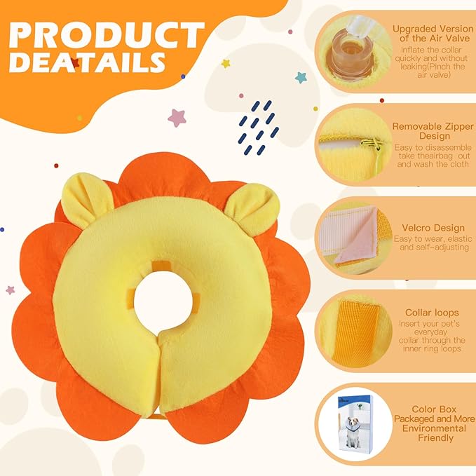 IEUUMLER Inflatable Recovery Dog Collar, Protective Donut Cone, Adjustable Soft Collar for Dog and Cat After Surgery Prevent from Biting & Scratching EU002 - Orange Lion M