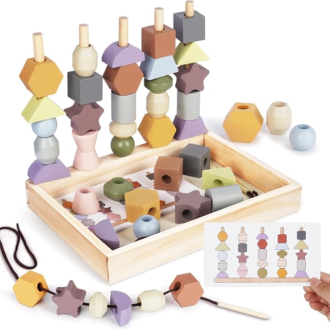 Montessori Toys for 3 Year Old - Wooden Lacing Beads & Stacking Blocks Toys for 3 4 5 Year Old Girl Boy Easter Birthday Gifts, Preschool Learning Activities With Beads Sequencing Set for Kids Age 3+