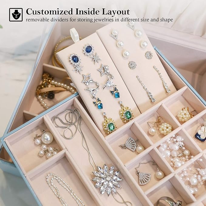ProCase Jewelry Box for Women, 2 Layers Large Leather Jewelry Organizer Storage Case with Removable Pad for Earrings -Blue