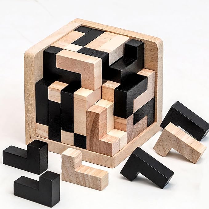 Wooden Brain Teaser Puzzle Skills Builder Shape Pieces Educational Toy for Kids and Adults (Black and Natural L Shape)