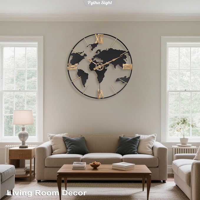 Pytha Sight 20 Inch Large Wall Clock, Modern Decorative Big World Map