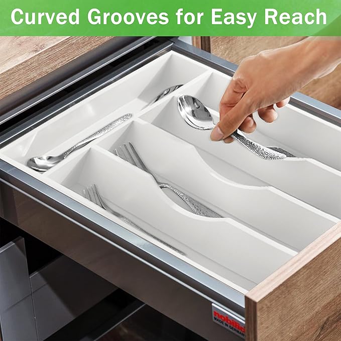 Greenual White Silverware Organizer 10 In Utensil Organizer Silverware Tray for Drawer Cutlery Flatware Organizer for Kitchen Bamboo Wood