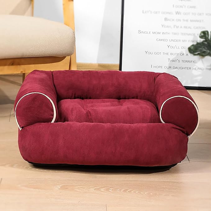 Suede Sofa Dog Bed, Multiple Sizes Orthopedic Memory Foam Mattress, Durable and Calming, Washable Dog Bed with Anti-Slip Bottom S Claret