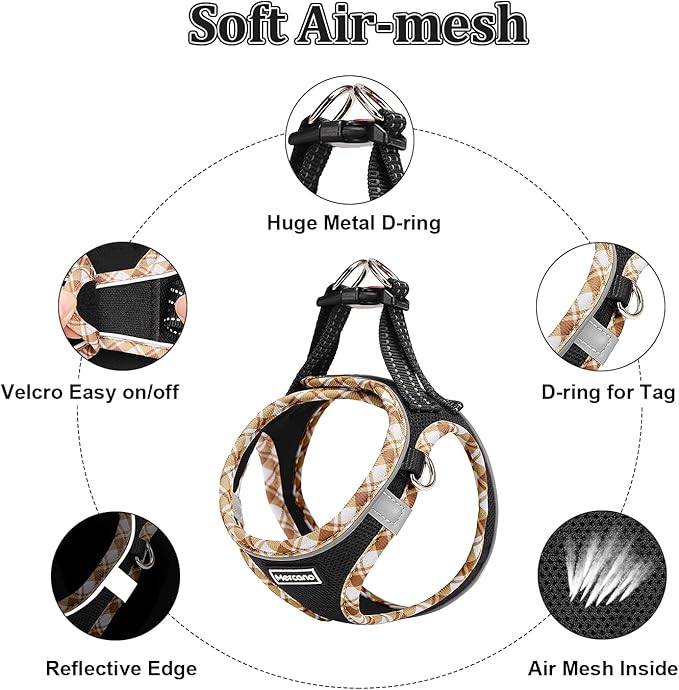 Mercano Soft Mesh Dog Harness and Leash Set, No-Chock Step-in Reflective Breathable Lightweight Easy Walk Vest Harnesses with Safety Buckle for Small Dogs, Cats (Black Yellow, M)