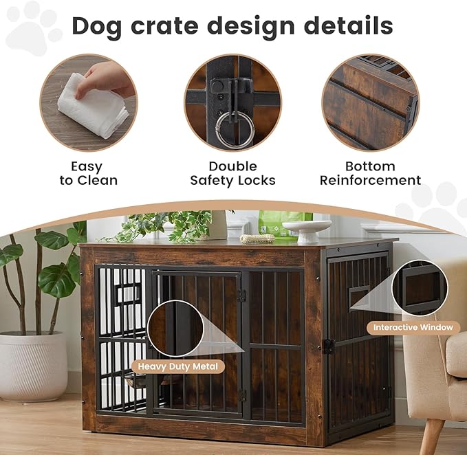32 Inch Heavy Duty Dog Crate Furniture for Medium/Small Dogs, Decorative Pet House End Table with 3 Doors & Adjustable Bowls, Wooden Cage Kennel Furniture Indoor, Rustic Brown
