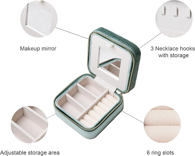 Customizable Compact Velvet Jewelry Box with Mirror, Travel Jewelry Case, Travel Jewelry Organizer, Jewelry Box for Women and Girls, Small Jewelry Organizer (Center Text, Mint Green)