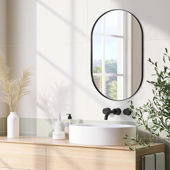 ANDY STAR Black Oval Mirror, 20x33’’ Oval Mirrors for Bathroom, Pill Shaped Mirror, Black Mirror Vanity, Modern Black Mirror for Bathroom Stainless Steel Metal Framed Wall-Mounted Mirrors