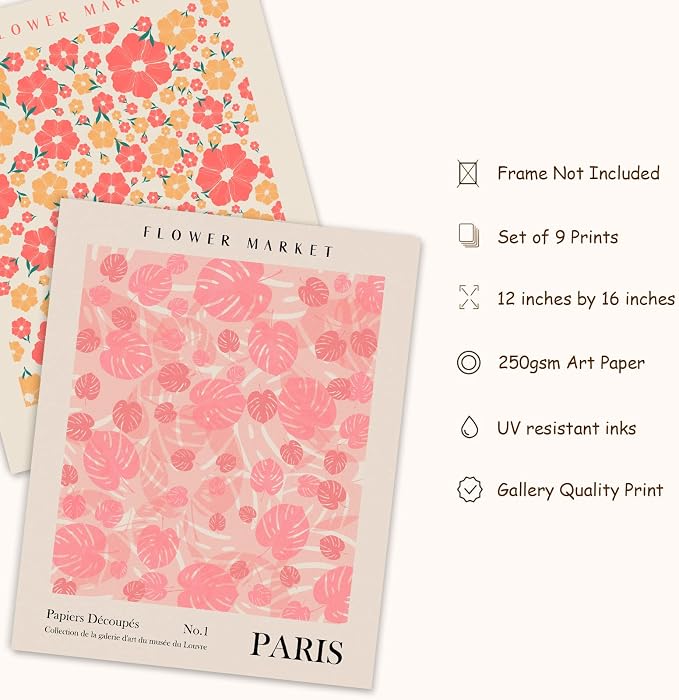 AnyDesign 9 Pcs Flower Market Decoration Matisse Wall Art Prints Floral Poster