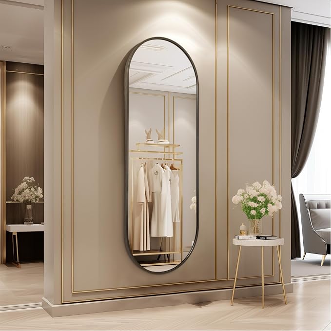 Oval Bathroom Full Length Mirror, Large 48x16'' Pill Shaped Oblong Vanity Wall