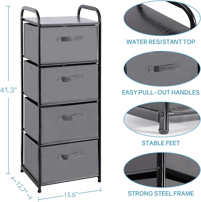 MAX Houser 4 Drawer Fabric Dresser Tall Storage Tower, Dresser Chest with Wood Top, Vertical Nightstand Side Organizer Unit with Metal Frame for Closets Bedroom Nursery Room Hallway(Leaden)