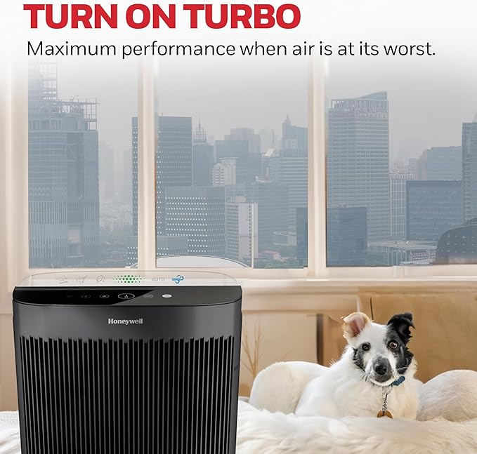 Honeywell HEPA Air Purifier for Home, 2423 Ft² Rooms in 1 hour, Air Quality Monitor, Auto Mode, Reduces Allergens, Dust, Pollen, Pet Dander, Odors, Smoke, Black, HPA5300B