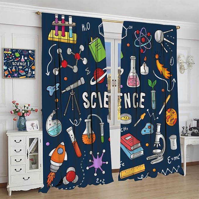 Science Physics Window Curtains, Abstract Math Chemistry Curtain Scientist Graffiti Print Window Treatments for Kids Teens Bedroom Living Room Kitchen Set 2 Panels,72x63 Inches