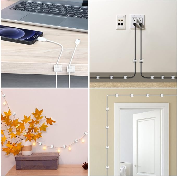 100 PCS Cable Clips White, Upgraded Adhesive Cord Clips for Wires on Wall, Strong Wire Clips Holders for Cord Cable Management, Ethernet Cable, USB, Phone Charger, Cat 6, Car Dash Cam, Small