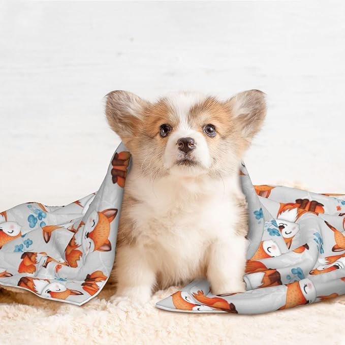 Reversible Pet Blanket for Sofa Protection Pet Comfort, Cute Fox, Double Sided Design with Cozy Nubby Nap Side and Durable Smooth Play Side