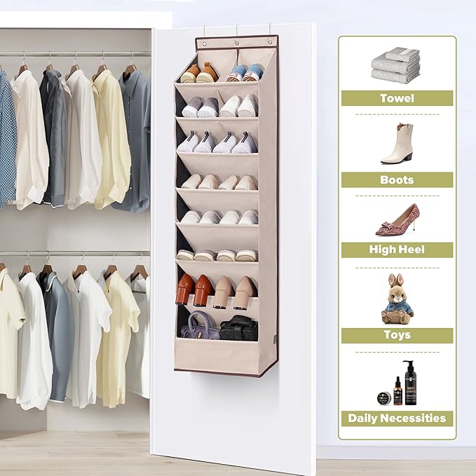 4 Pack Shoe Organizer with 6 Extra Large Pockets and 4 Large Pocket, Over the Door Sturdy Closet Storage Rack, Hanging Shoe Organizer for Shoes, Sneakers, Beige