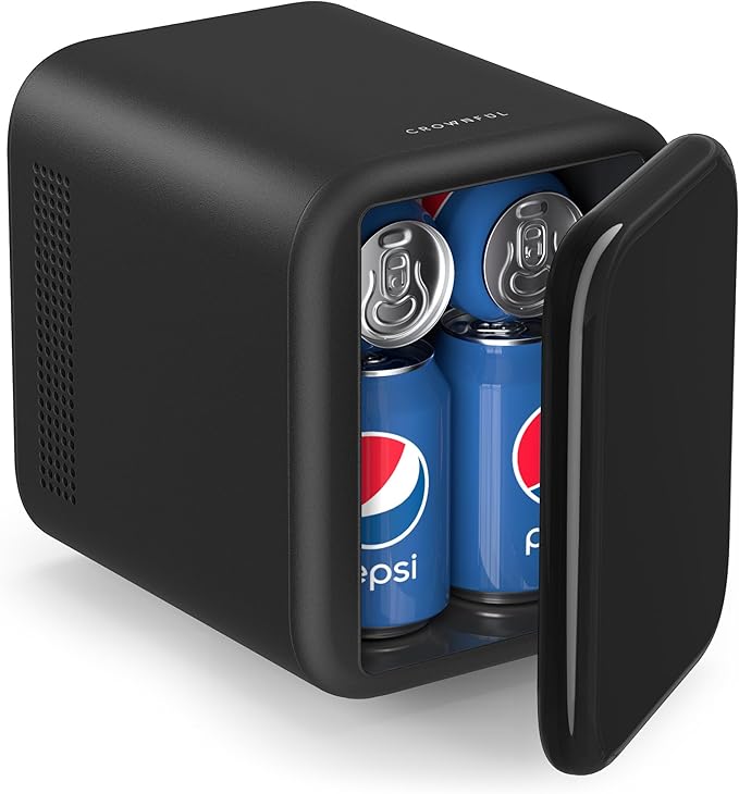 CROWNFUL Mini Fridge, 4 Liter/6 Cans Portable Skincare Fridge, AC/12V DC Cooler and Warmer Personal Refrigerator for Bedroom, Car, Dorm, Office, Food, ETL Listed Black