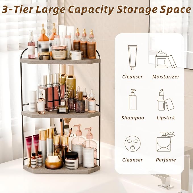Corner Bathroom Counter Organizer, 3-Tier Wood Countertop Organizer for Perfume, Makeup Storage, Skincare Organizers for Vanity, Counter Corner Shelf for Kitchen, Bathroom, Dresser (Grey)