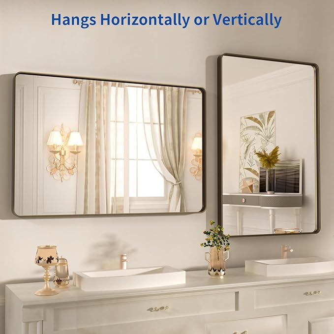 WEER 28x36 Inch Bronze Bathroom Mirror for Vanity, Brushed Bronze Metal Frame Mirror for Wall, Rounded Rectangle Bronze Frame Mirror with Tempered Glass, Anti-Rust (Horizontal/Vertical)