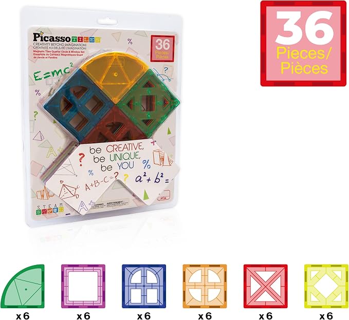 PicassoTiles Magnetic Building Block Quarter Round and Window Set Magnet Construction Toy Educational Kit Engineering STEM Learning Playset Child Brain Development Stacking Blocks Playboards