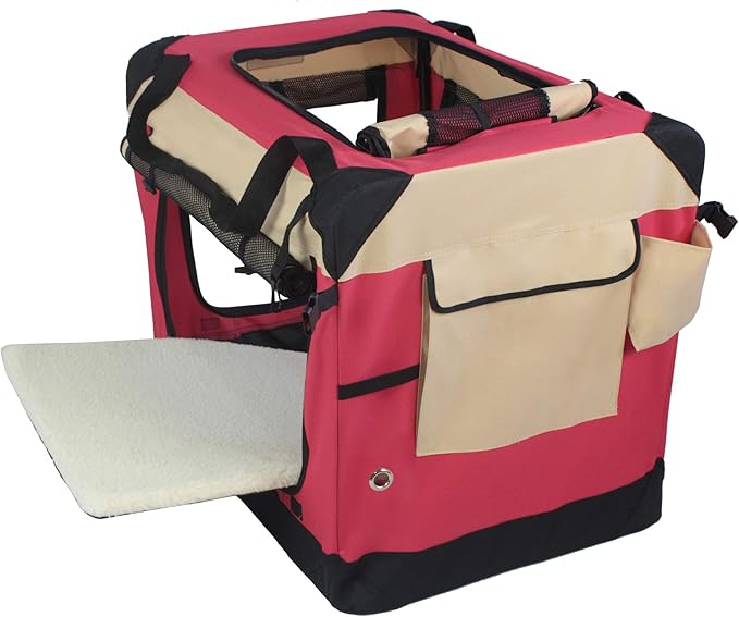 EliteField 4-Door Folding Soft Dog Crate with Curtains, Carrying Bag and Fleece Bed (2 Year Warranty), Indoor & Outdoor Pet Home (36" L x 24" W x 28" H, Red+Beige)