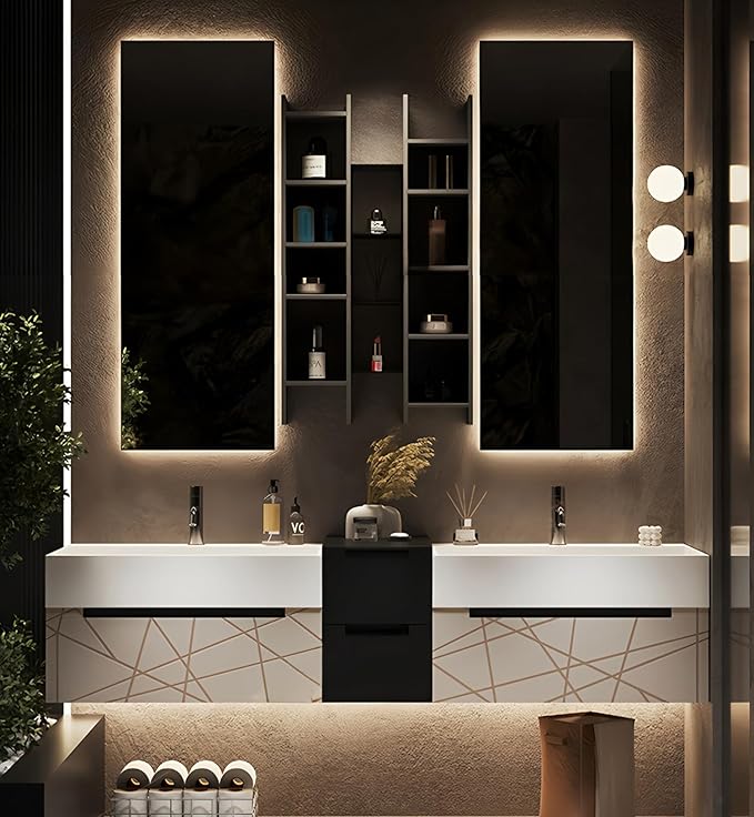 Double Bathroom Vanity with Sink, Floating Modern Bathroom Vanity Set Includes LED Smart Defogging Mirror and Open Storage Wall Cabinet, Solid Wood Bathroom Cabinet with Large Drawer (Apricot, 64")