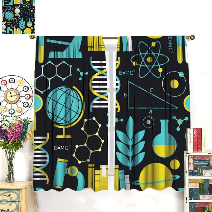 Science Bedroom Curtains, Chemistry Science Pharmacy Research Blackout Rod Pocket Window Drapes for Childs Girls Boys Bedroom Living Room Home Set 2 Panels,55x63 Inches