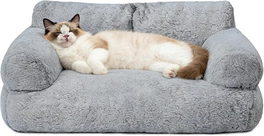 Plush Cat Couch Bed - Cat Bed for Indoor Cats, Dog Sofa Bed, Cotton Fleece Calming Pet Couch with Removable Cover, Breathable Pet Sofa for Small/Medium Pets (26×18×12in, Grey)