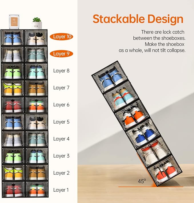 12 Pack Shoe Boxes Stackable,Upgraded Sturdy Shoe Storage Boxes with Clear Magnetic Door,Multifunctional Sneaker Storage, Shoe Box Organizer Fit up to US Size 12 Gray(13.8”x 9.84”x 7.1”)