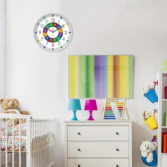 XFM Kids Wall Clock for Children's Bedroom 10 Inch Round Multi-Colored Learning