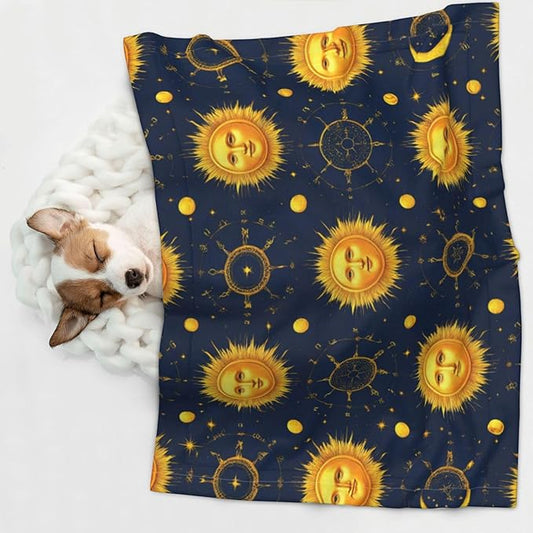 Dog and Cat Blanket in One, Meet 998 Boho Chic Art Golden Sun Moon And Stars Over Blue Black Sky, Double Sided Plush Throw with Raised Dot Pattern on One Side and Flat Velvet on Other for Variety