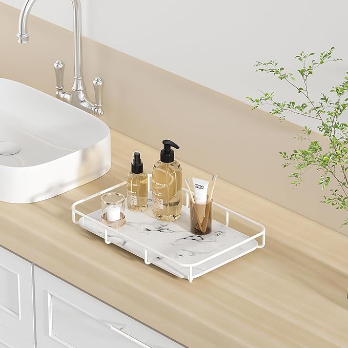 Bathroom Organizer Countertop Perfume Organizer Makeup Organizer Cosmetics Storage Display Rack Vanity Tray Dresser Stainless Steel Gold Shelf White Marble Ceramic Tray