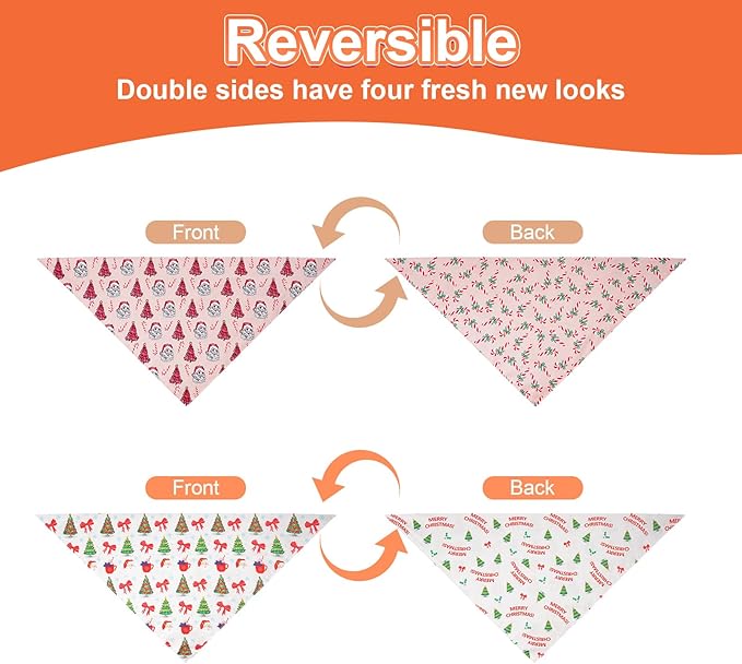Cute Christmas Dog Bandanas Large 2PCS, 4 Pattern Holiday Scarf for Boy and Girl, Triangle Reversible Bibs Breed for Puppy Pets