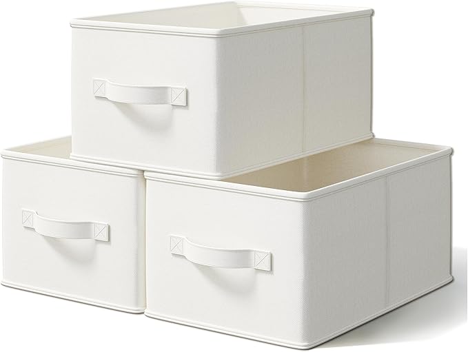 3 Pack Fabric Storage Bins for Shelves | 11.5x8.75x6.5in Storage Baskets | Fabric Closet Organizers and Storage Bins with Handles Home Organization| Linen Clothes Bins | White & Ivory