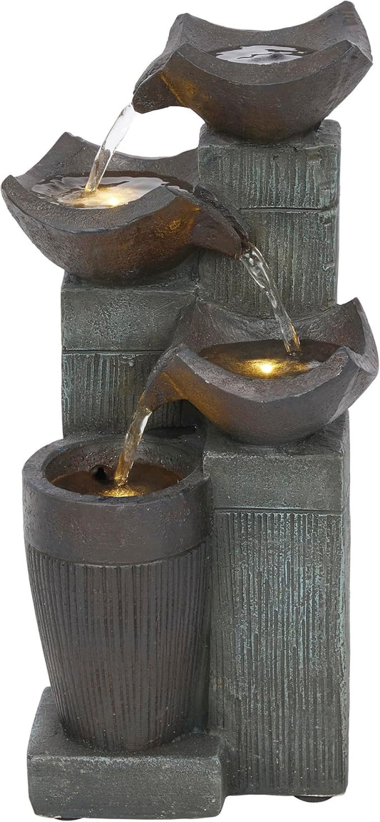 Alpine Corporation TZL414 14" 4 Tier Squared Bowls Fountain with LED Lights, Elegant Tabletop Water Feature for Home, Office, Living Room, Bedroom & Desk Decor, Gray