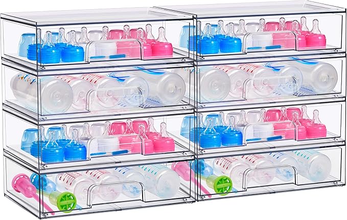 Sorbus Wide Stackable Acrylic Storage Drawers, 8 Pack Clear Plastic Organizer Bins for Baby Bottles, Makeup, Bathroom, Vanity & Countertop Organization, Pull-Out Drawer Design for Cabinets & Pantry